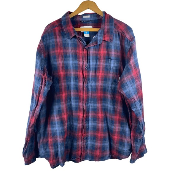 Columbia XL Button Down Shirt Mens Red Blue Plaid Long Sleeve Regular Fit Cotton - Picture 2 of 7
